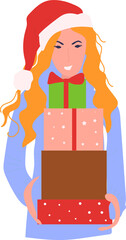 Portrait of a happy  girl holding a christmas gifts with santa claus hat.