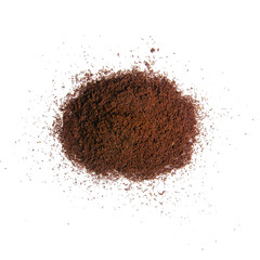 Pile ground coffee on white background isolated, top view