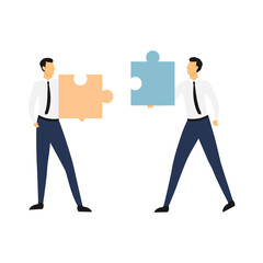 People connecting puzzle. Business concept of partnership, teamwork, cooperation. Team people connecting puzzle. Vector illustration isolated on white.