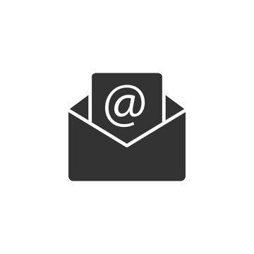 Open envelope black icon. Email silhouette outline sign. Business communication concept. Message black symbol. Vector illustration isolated on white.