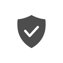 Shield check mark black icon. Tick mark approved sign. Security and protector symbol. Vector illustration isolated on white.