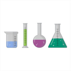 Set of science lab equipment. Beakers, flasks and test tubes for scientific experiments. Vector Illustration