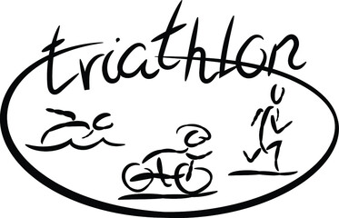 Triathlon logo black and white with swimming, cycling and running