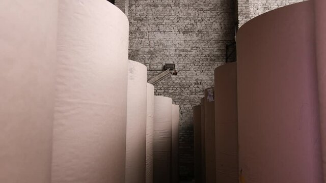 Making rolls of cardboard and paper are in the factory warehouse. Paper production.