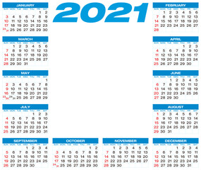 Calendar for year 2021, in vector format.
