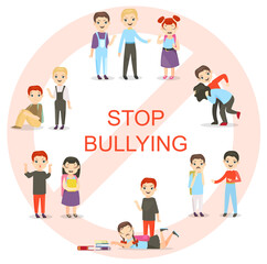 Vector illustration of kids bullying set. Collection of aggressive school children conflicts in flat style. Feminism, schoolchildren, teasing boy and crying girl cartoon characters.