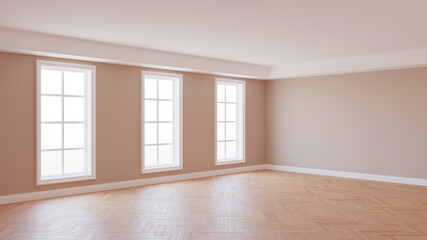 Beautiful Interior Corner with Beige Walls, Parquet Floor, Three White Large Windows, and White Plinth with Work Path on Windows. 3d render. Ultra HD 8K 7680x4320