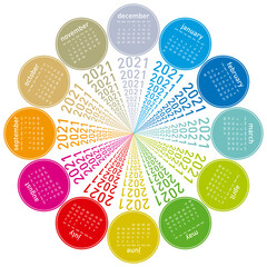 Colorful calendar for 2021. Circular design. In vector format