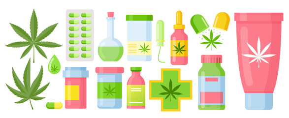 Fototapeta na wymiar Cannabis medicine cartoon marijuana set with hemp oil glass bottle, cannabis extracts and leaves