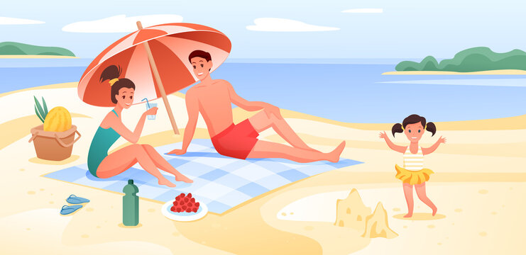 Happy family on sea beach vacation, cartoon flat vacationer tourists enjoy summer time on seaside