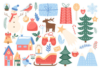 Christmas cute set, cartoon xmas design elements collection