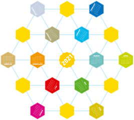 Colorful Calendar design for year 2021 in an hexagonal pattern. In vector format.