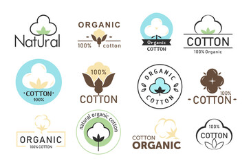 Vector illustration set of cotton logos, eco fabric, organic cotton logos collection isolated on white background.