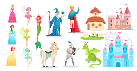 Fototapeta premium Fairy tale character set, cartoon princess, prince knight with sword, king in crown, medieval castle