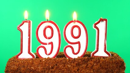 Cake with the number 1991 lighted candle. Last century date. Chroma key. Green Screen. Isolated
