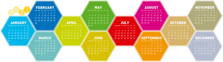 Colorful Calendar design for year 2021 in an hexagonal pattern. In vector format.