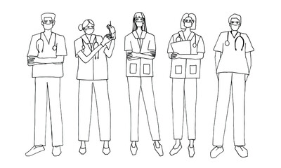 Medical staff vector set. Hand drawn doodle people illustration. Nurses and doctors in uniform standing in full growth. Vector clip art for coloring pages, stickers, prints.