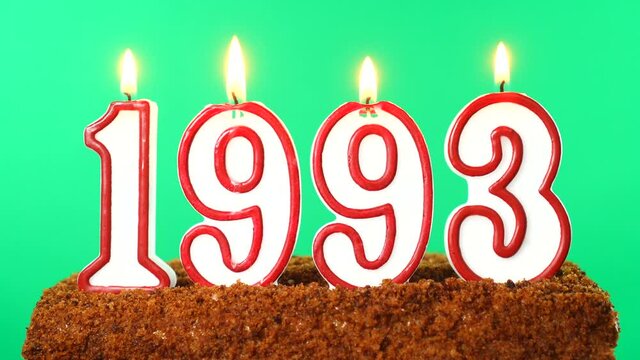Cake with the number 1993 lighted candle. Last century date. Chroma key. Green Screen. Isolated