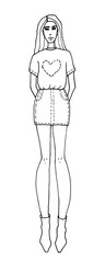 Fashion girl coloring page. Cute woman in t-shirt with heart print, denim skirt and boots on white background. Vector clip art. Coloring book for children and adults.