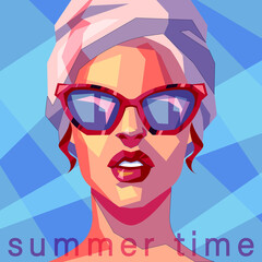Woman in towel and sunglasses. Stylized geometric portrait. Summer time poster. Fashion illustration.