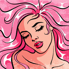 Vintage pop art poster with sleeping woman with pink hair. Vector retro illustration.