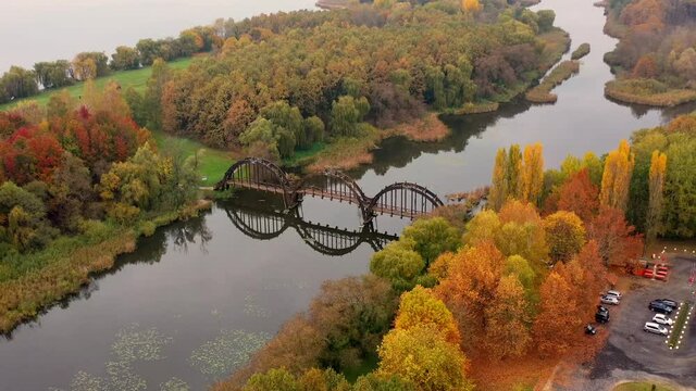Kanyavari island at the  little-Balaton lake Hungary. Amazing fall mood in a nature reserved area. There is an Iconic bridge and beautiful forest 