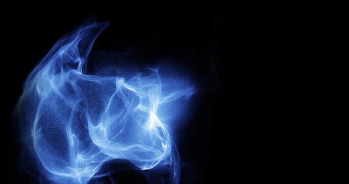 Blue smoke and flames dancing on black background. fluid motion of smoke swirling in the dark. smoke rising from center screen. 3D render, 4K loop