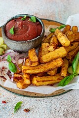 Fried potatoes (deep fried) with herbs and spices, ketchup, pickles and slices of pickled onion on a plate on a light background. Potato food . Baked potatoes with spices and salt.