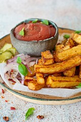 Fried potatoes (deep fried) with herbs and spices, ketchup, pickles and slices of pickled onion on a plate on a light background. Potato food . Baked potatoes with spices and salt.