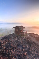 Fototapeta premium Morning on the hill shows the natural beauty of nature and the beauty of the fog that envelops