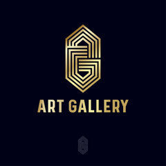 A and G letter. Art Gallery gold monogram consist of some crossed lines on black background. Monochrome option.