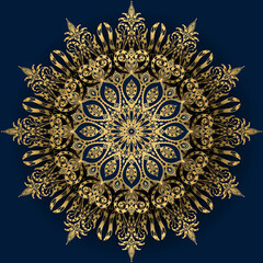 Golden mandala on blue background. Voluminous round ethnic ornament. Luxury vector illustration for use in design. 