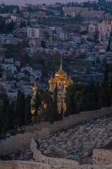 Jewish cemetery on the Mount of Olives in Jerusalem at sunset