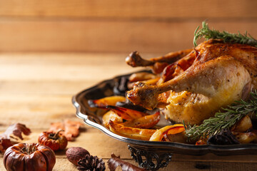Baked turkey with potato and mushrooms on wooden table with autumn harvest background. Festive dinner for Thanksgiving day. Concept of traditional recipe.