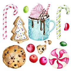 Watercolor Christmas Sweets Illustrations, isolated on white