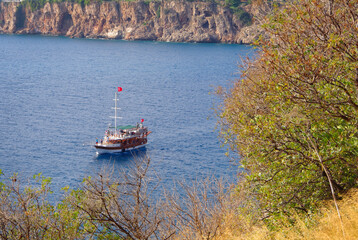 Turkey. Antalya. 20.10.20. View of a boat sailing in the Mediterranean Sea near Antalya.