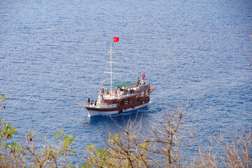 Turkey. Antalya. 20.10.20. View of a boat sailing in the Mediterranean Sea near Antalya.