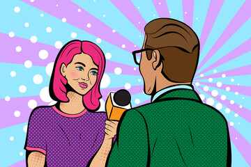 Beautiful girl interviews, journalist with microphone.  Background in comic style retro pop art. 