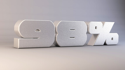 98 percent 3d metal text isolated on white, 3d render illustration