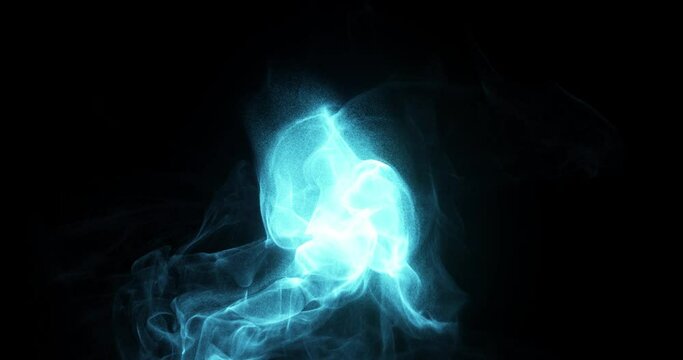 Blue turquoise smoke and flames dancing on black background. fluid motion of smoke swirling in the dark. Plasma rising from center screen. 3D render, 4K loop