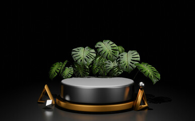 Empty silver podium stage with ring arch and leaves on dark background. 3D rendering illustration