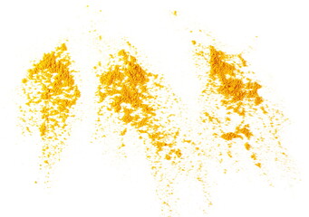 Turmeric (Curcuma) powder pile isolated on white background, top view