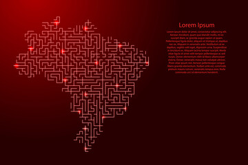 Brazil map from red pattern of the maze grid and glowing space stars grid. Vector illustration.