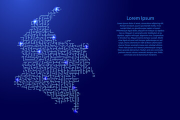 Colombia map from blue pattern of the maze grid and glowing space stars grid. Vector illustration.