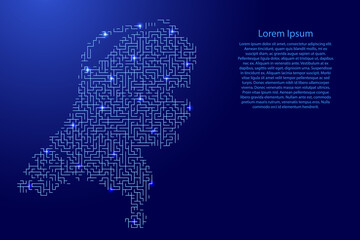 Netherlands map from blue pattern of the maze grid and glowing space stars grid. Vector illustration.