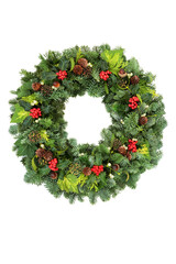 Fototapeta na wymiar Christmas traditional spruce fir wreath with winter berry holly, ivy, mistletoe, pine cones & acorns on white background. Natural greenery composition for the festive season & New Year. Copy space.