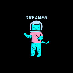 cute blue cat in astronaut helmet, illustration with hipster style. Vector graphics for t-shirt prints and other uses.