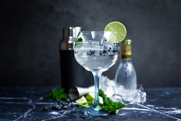Glass of gin and tonic with mint, lime wedges and ice on a grey background - obrazy, fototapety, plakaty