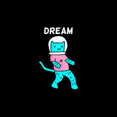 cute blue cat in astronaut helmet, illustration with hipster style. Vector graphics for t-shirt prints and other uses.