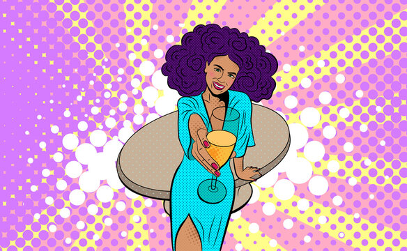 Woman with a glass of champagne. 2021 New Year comic book style postcard or greeting card. Pop art   illustration. New Year Party comic stile. 
